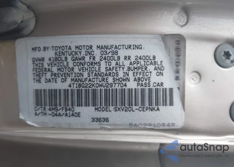 1998 Toyota Camry Le from USA, damaged, VIN 4T1BG22K0WU297704